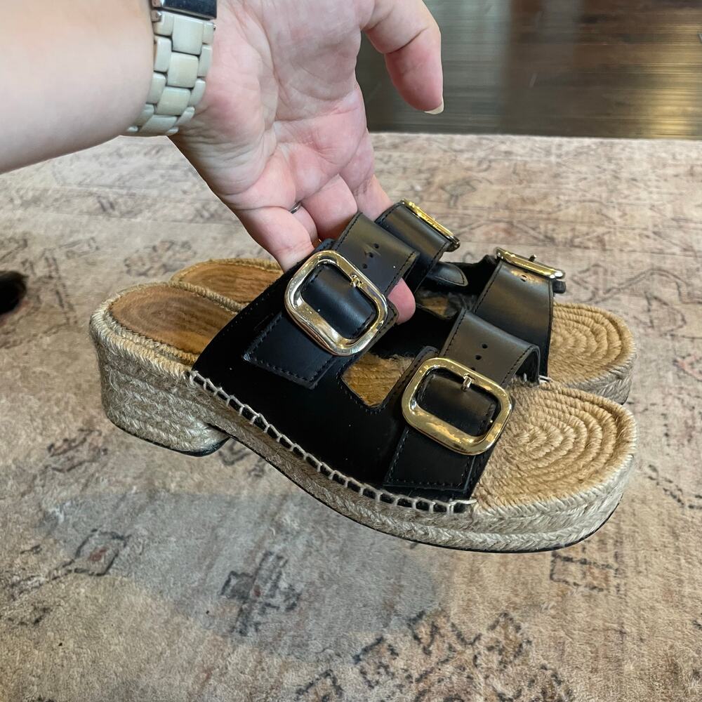 J. Crew Black Leather Double Strap Block Heel Espadrilles SZ 8 Made in Spain - Picture 7 of 15